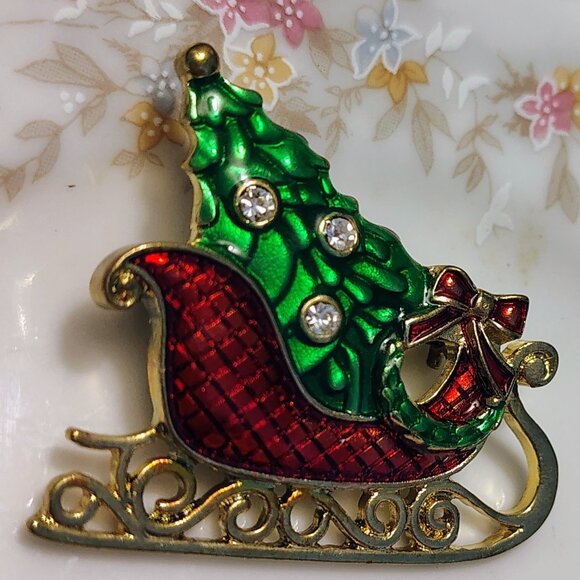 Vtg 40s 50s Eisenberg Ice Santa Sleigh, Christmas Tree Bow Brooch Signed 1.5" - Picture 5 of 5